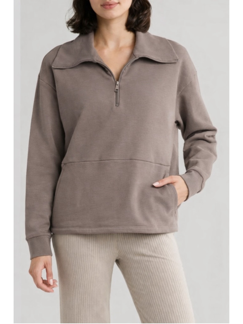 Beyond Yoga Trek Half Zip Pullover Taupe Fleece Kangaroo Pocket XL